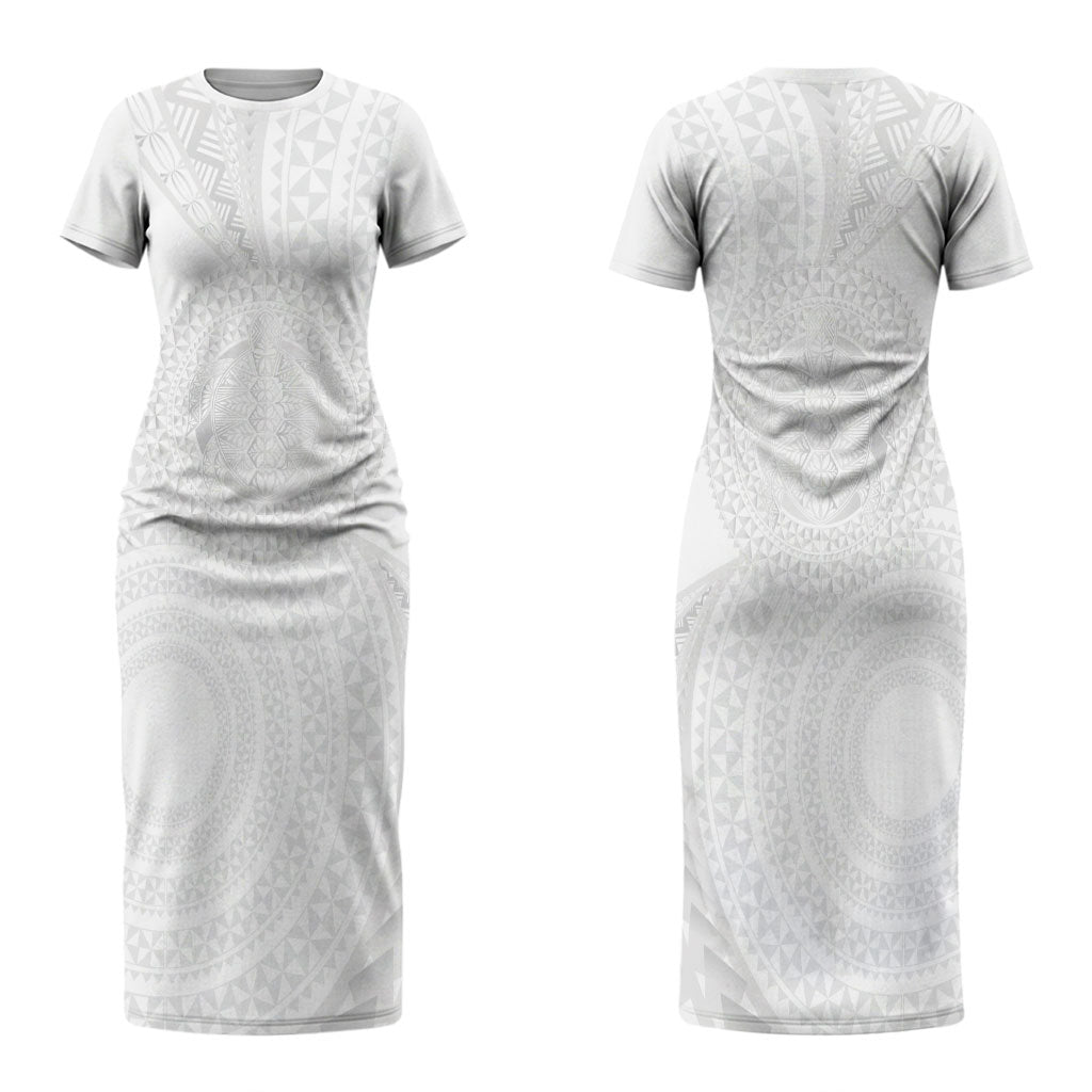 Tonga White Sunday Couples Matching Short Sleeve Bodycon Dress and Long Sleeve Button Shirt Fakame Tongan Ngatu Turtle LT14 - Polynesian Pride