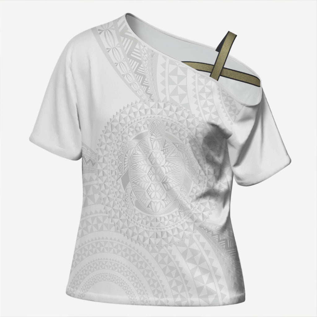 Tonga White Sunday Cross Shoulder Shirt Fakame Tongan Ngatu Turtle
