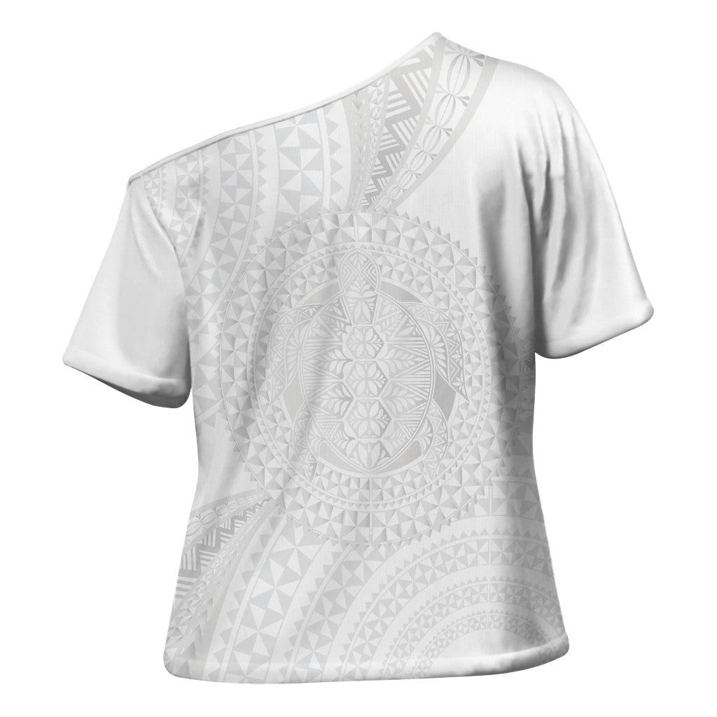 Tonga White Sunday Cross Shoulder Shirt Fakame Tongan Ngatu Turtle