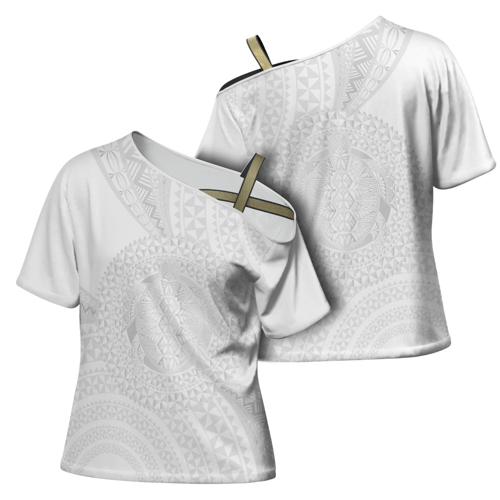 Tonga White Sunday Cross Shoulder Shirt Fakame Tongan Ngatu Turtle