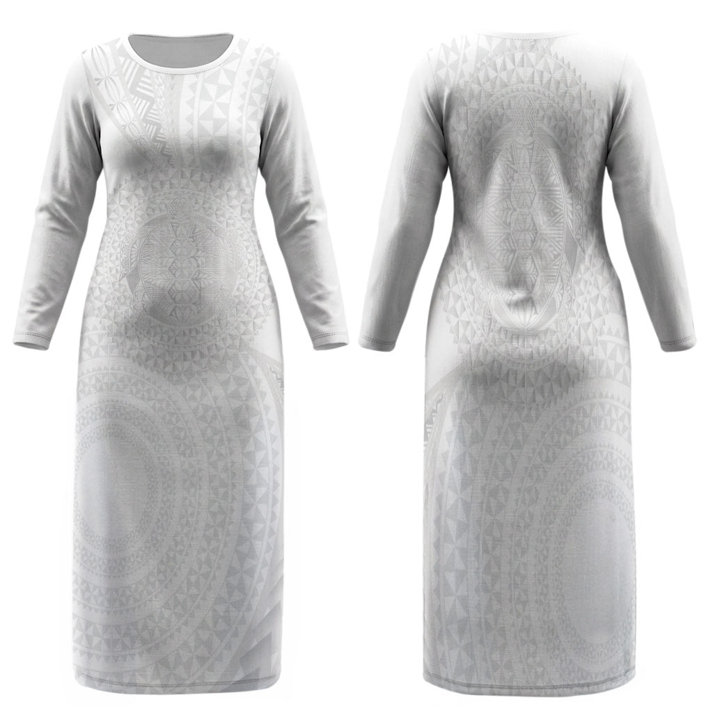 Tonga White Sunday Family Matching Long Sleeve Bodycon Dress and Hawaiian Shirt Fakame Tongan Ngatu Turtle LT14 Mom's Dress White - Polynesian Pride