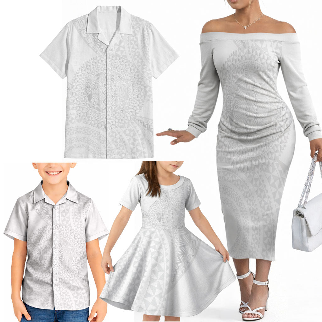 Tonga White Sunday Family Matching Off The Shoulder Long Sleeve Dress and Hawaiian Shirt Fakame Tongan Ngatu Turtle LT14 - Polynesian Pride