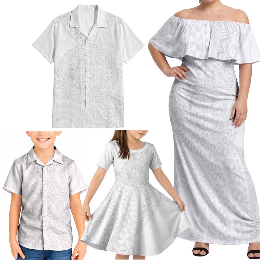 Tonga White Sunday Family Matching Off Shoulder Maxi Dress and Hawaiian Shirt Fakame Tongan Ngatu Turtle LT14 - Polynesian Pride