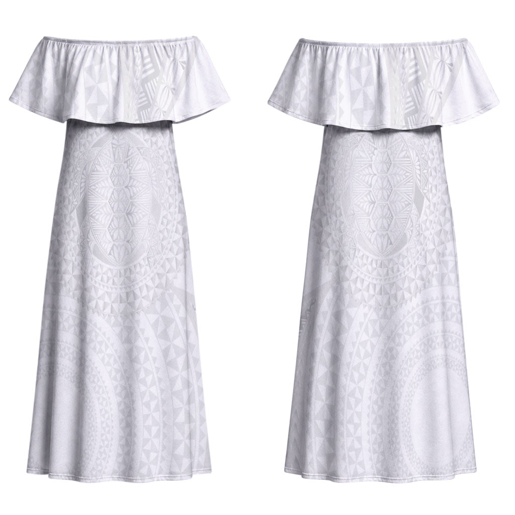 Tonga White Sunday Family Matching Off Shoulder Maxi Dress and Hawaiian Shirt Fakame Tongan Ngatu Turtle LT14 Mom's Dress White - Polynesian Pride