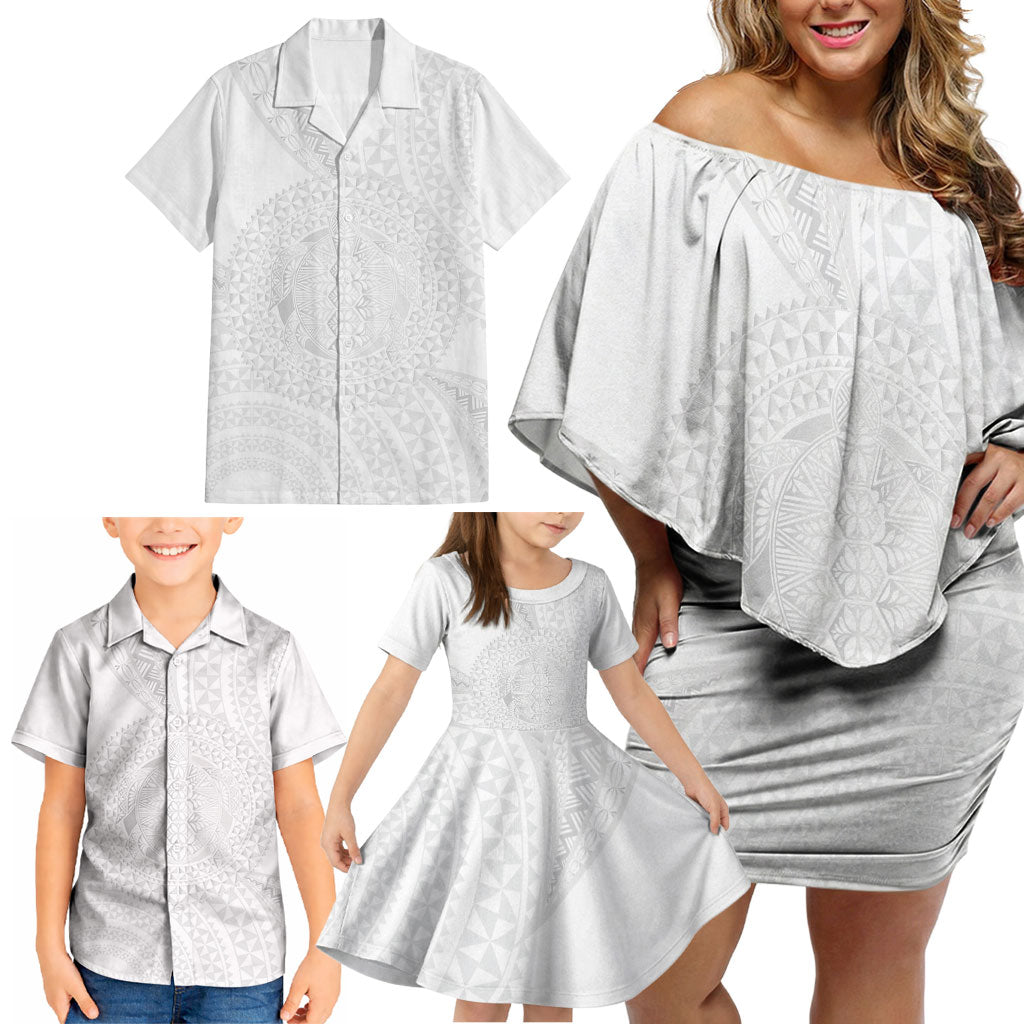 Tonga White Sunday Family Matching Off Shoulder Short Dress and Hawaiian Shirt Fakame Tongan Ngatu Turtle LT14 - Polynesian Pride
