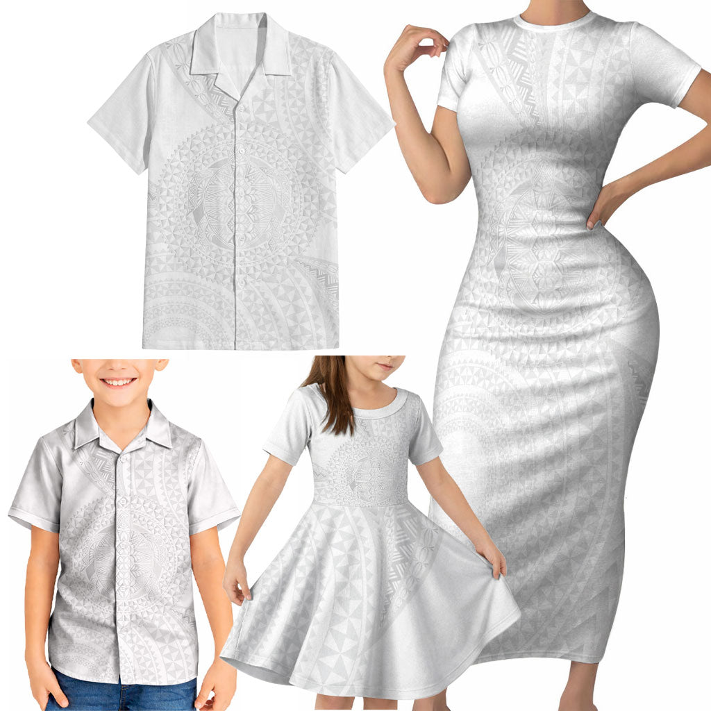 Tonga White Sunday Family Matching Short Sleeve Bodycon Dress and Hawaiian Shirt Fakame Tongan Ngatu Turtle LT14 - Polynesian Pride