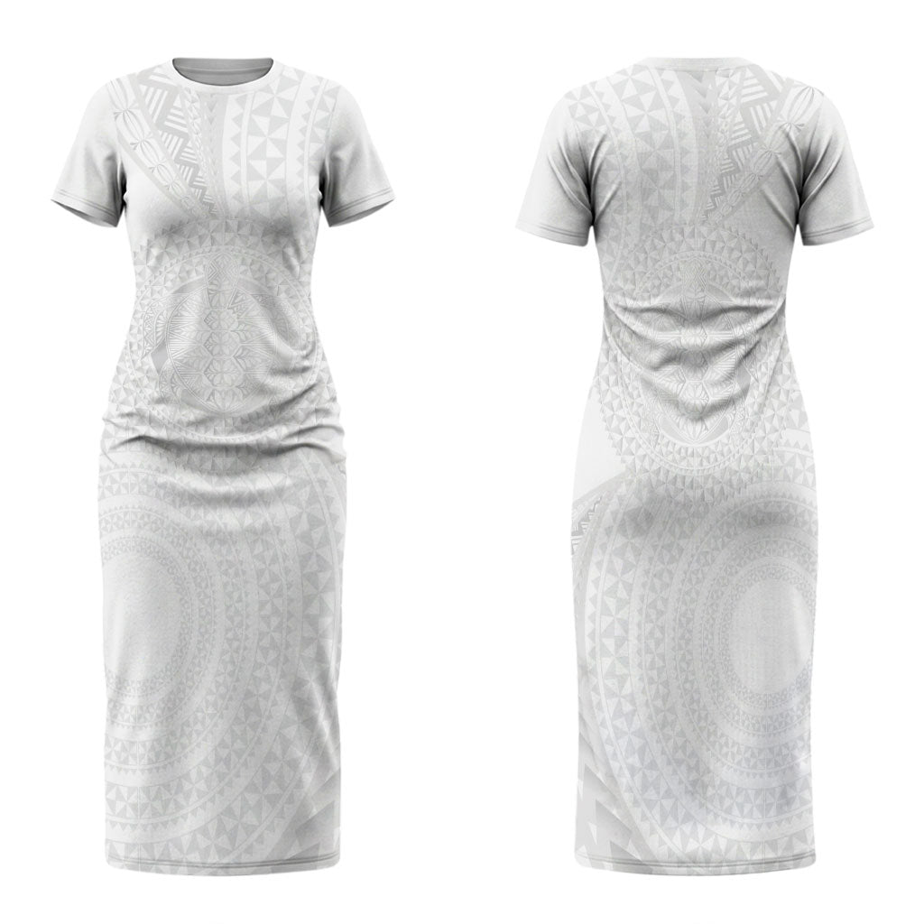 Tonga White Sunday Family Matching Short Sleeve Bodycon Dress and Hawaiian Shirt Fakame Tongan Ngatu Turtle LT14 Mom's Dress White - Polynesian Pride