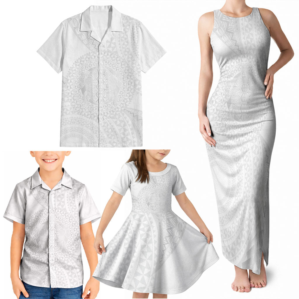 Tonga White Sunday Family Matching Tank Maxi Dress and Hawaiian Shirt Fakame Tongan Ngatu Turtle