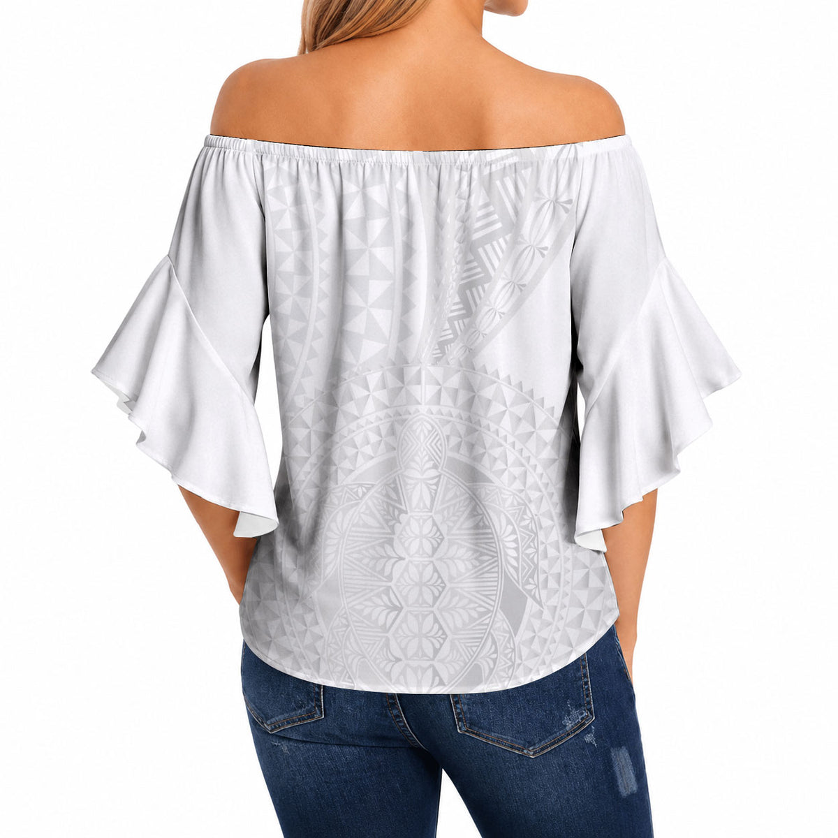 Tonga White Sunday Off Shoulder Wrap Waist Top Fakame Tongan Ngatu Turtle LT14 - Polynesian Pride