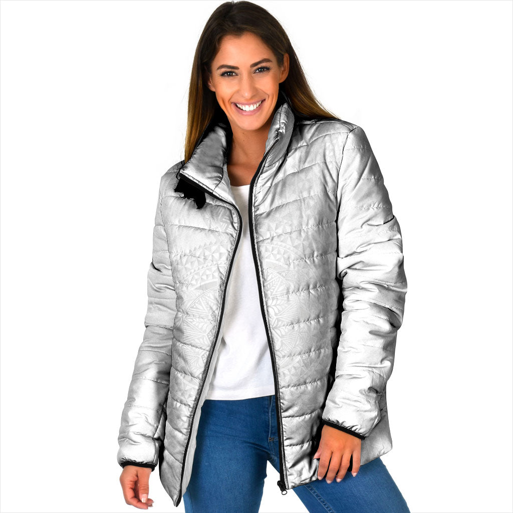 Tonga White Sunday Padded Jacket Fakame Tongan Ngatu Turtle LT14 Women White - Polynesian Pride
