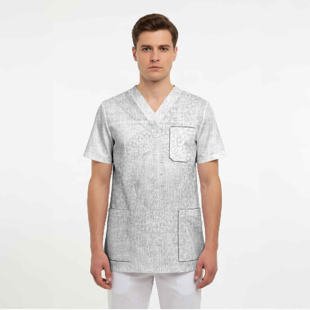 Tonga White Sunday Scrub Top Fakame Tongan Ngatu Turtle LT14 - Polynesian Pride