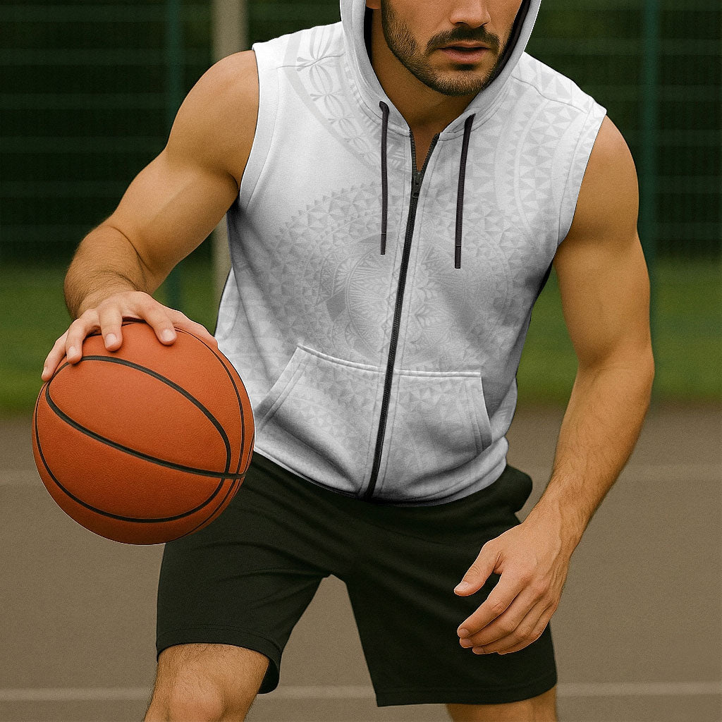 Tonga White Sunday Sleeveless Zip Hoodie Fakame Tongan Ngatu Turtle LT14 - Polynesian Pride