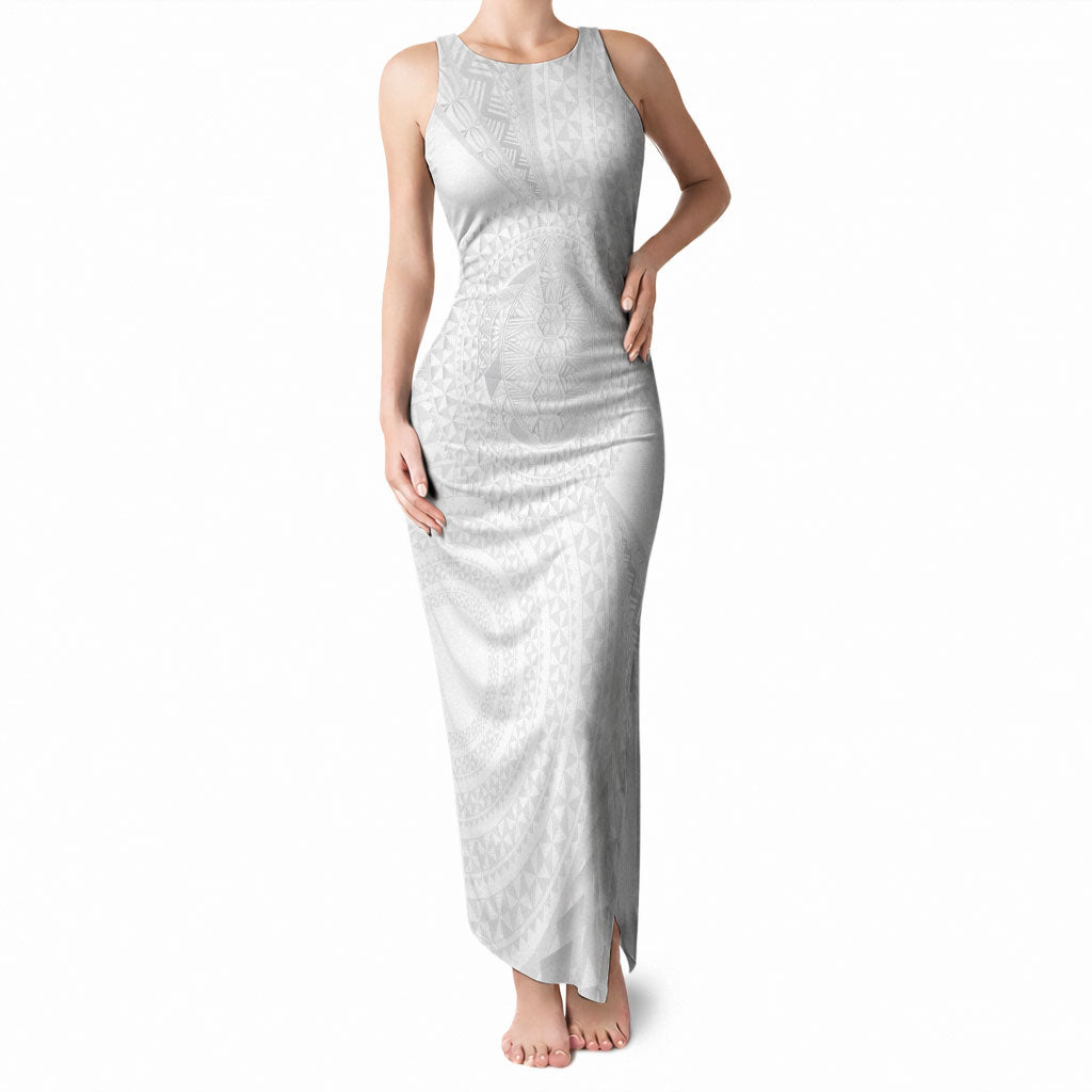 Tonga White Sunday Tank Maxi Dress Fakame Tongan Ngatu Turtle LT14 Women White - Polynesian Pride