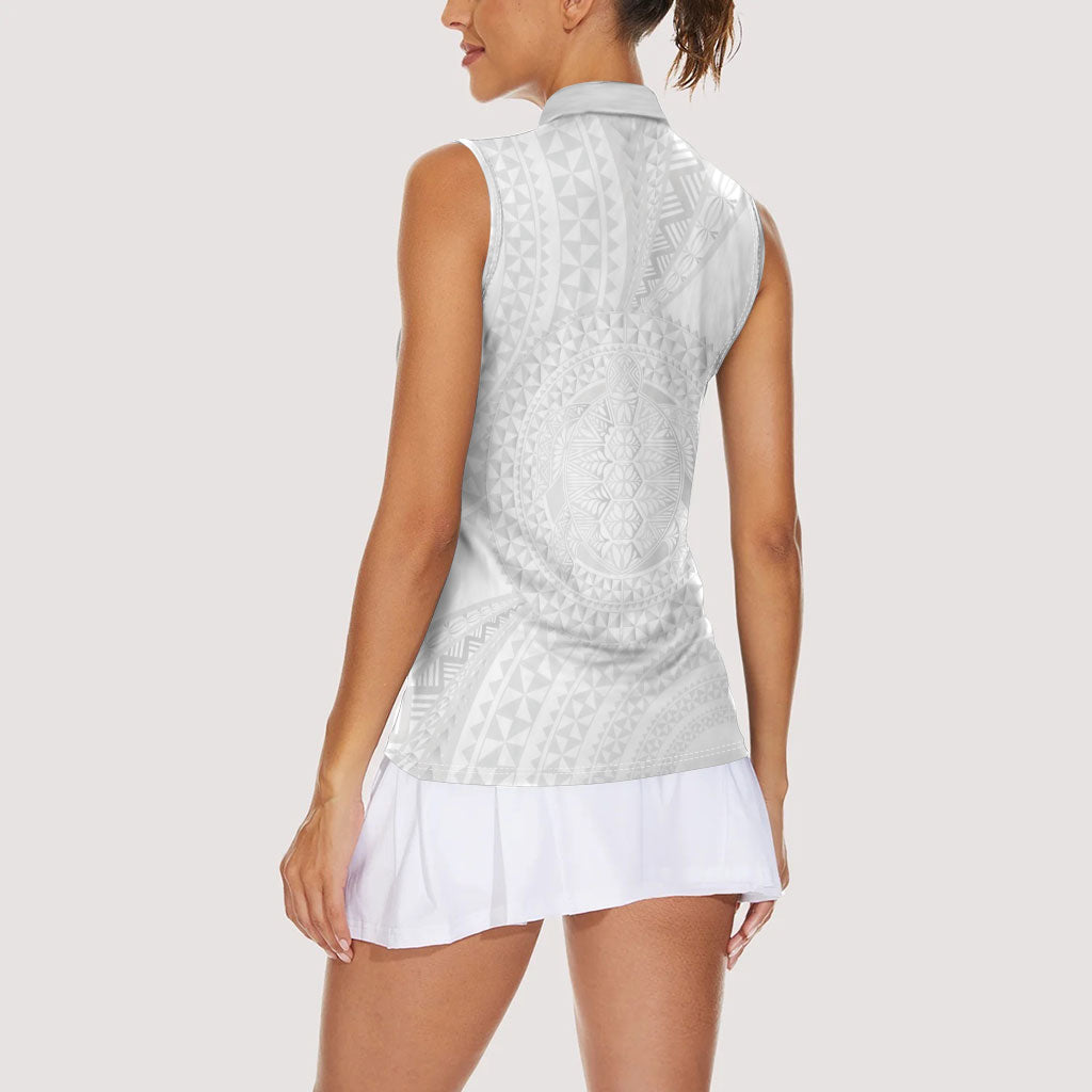 Tonga White Sunday Women Sleeveless Polo Shirt Fakame Tongan Ngatu Turtle LT14 - Polynesian Pride