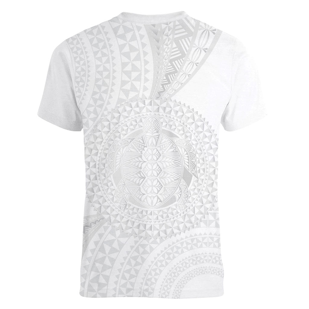 Tonga White Sunday Women V-Neck T-Shirt Fakame Tongan Ngatu Turtle LT14 - Polynesian Pride