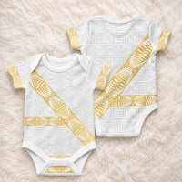Tonga White Sunday Baby Onesie Fakame Tongan Ngatu Pattern Gold Strips