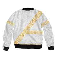 Tonga White Sunday Bomber Jacket Fakame Tongan Ngatu Pattern Gold Strips LT14 - Polynesian Pride