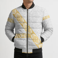 Tonga White Sunday Bomber Puffer Jacket Fakame Tongan Ngatu Pattern Gold Strips LT14 - Polynesian Pride