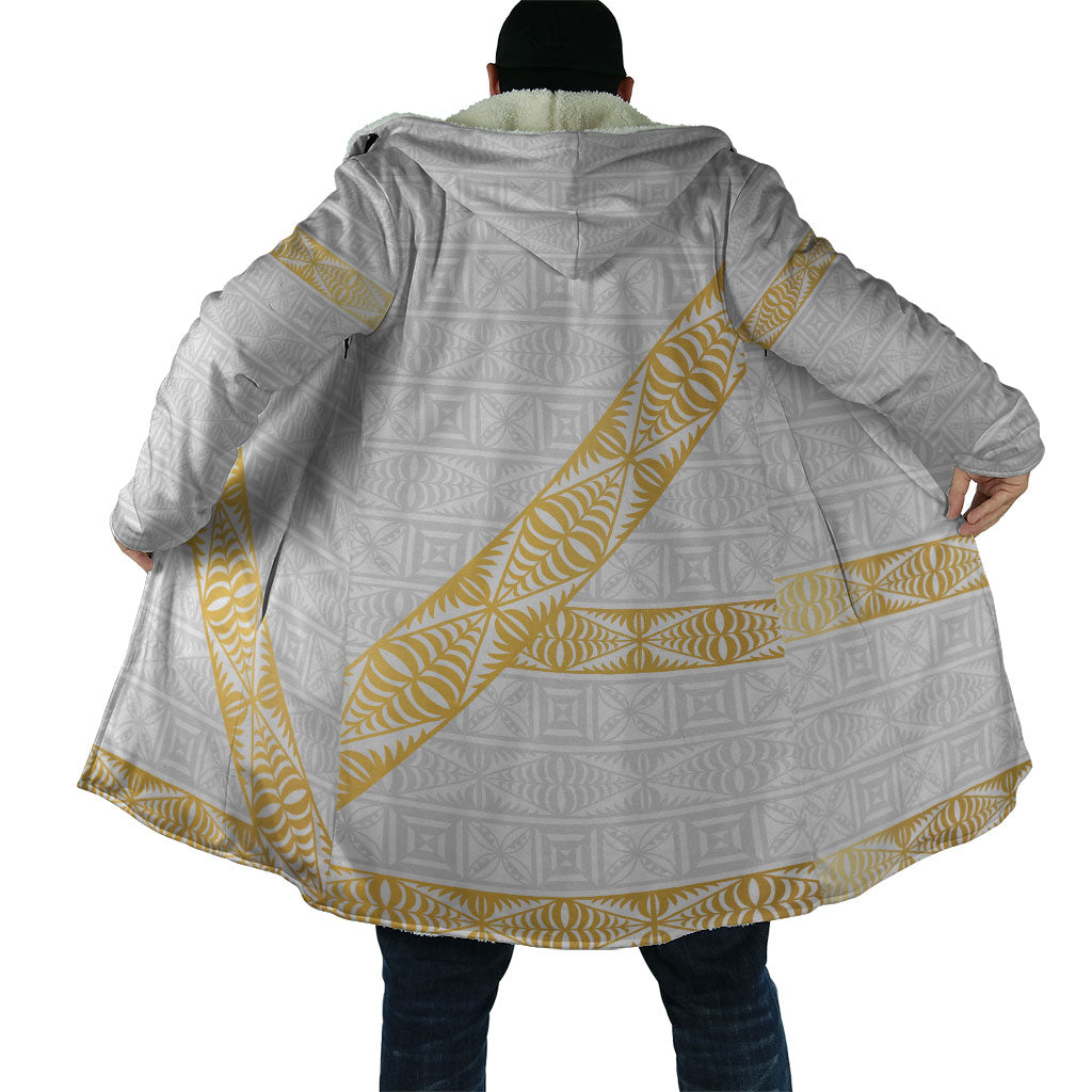 Tonga White Sunday Cloak Fakame Tongan Ngatu Pattern Gold Strips LT14 - Polynesian Pride