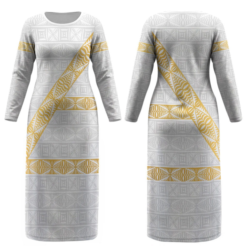 Tonga White Sunday Couples Matching Long Sleeve Bodycon Dress and Hawaiian Shirt Fakame Tongan Ngatu Pattern Gold Strips LT14 - Polynesian Pride