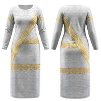 Tonga White Sunday Couples Matching Long Sleeve Bodycon Dress and Long Sleeve Button Shirt Fakame Tongan Ngatu Pattern Gold Strips LT14 - Polynesian Pride