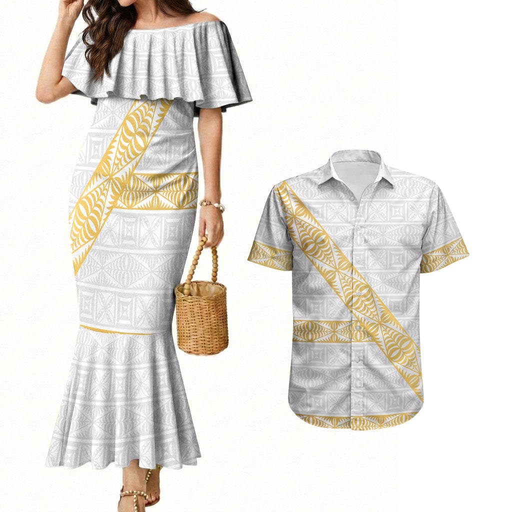 Tonga White Sunday Couples Matching Mermaid Dress and Hawaiian Shirt Fakame Tongan Ngatu Pattern Gold Strips LT14 White - Polynesian Pride