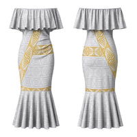 Tonga White Sunday Couples Matching Mermaid Dress and Hawaiian Shirt Fakame Tongan Ngatu Pattern Gold Strips LT14 - Polynesian Pride