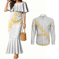 Tonga White Sunday Couples Matching Mermaid Dress and Long Sleeve Button Shirt Fakame Tongan Ngatu Pattern Gold Strips LT14 White - Polynesian Pride