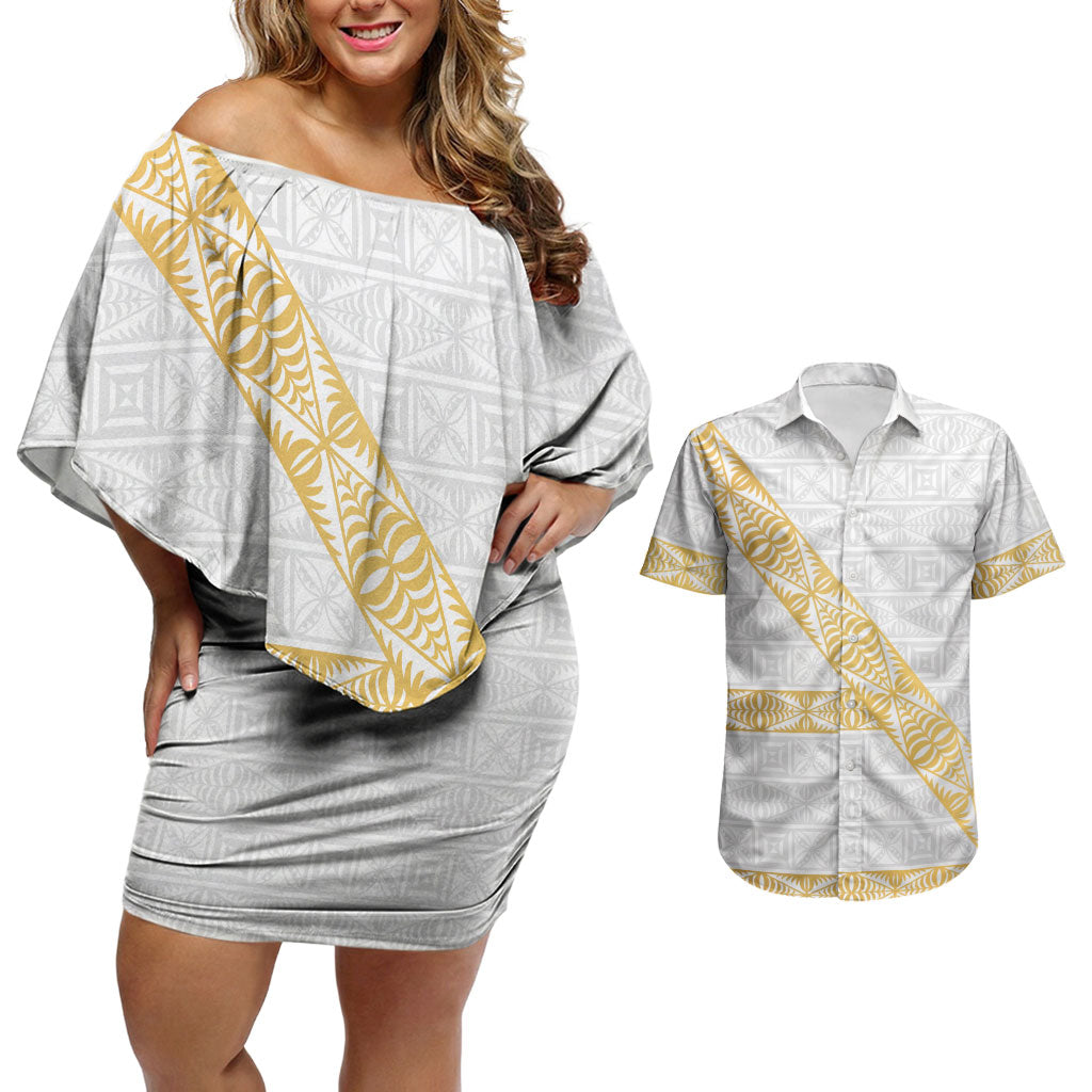 Tonga White Sunday Couples Matching Off Shoulder Short Dress and Hawaiian Shirt Fakame Tongan Ngatu Pattern Gold Strips