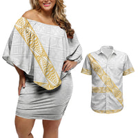 Tonga White Sunday Couples Matching Off Shoulder Short Dress and Hawaiian Shirt Fakame Tongan Ngatu Pattern Gold Strips