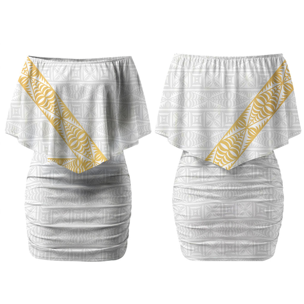 Tonga White Sunday Couples Matching Off Shoulder Short Dress and Hawaiian Shirt Fakame Tongan Ngatu Pattern Gold Strips
