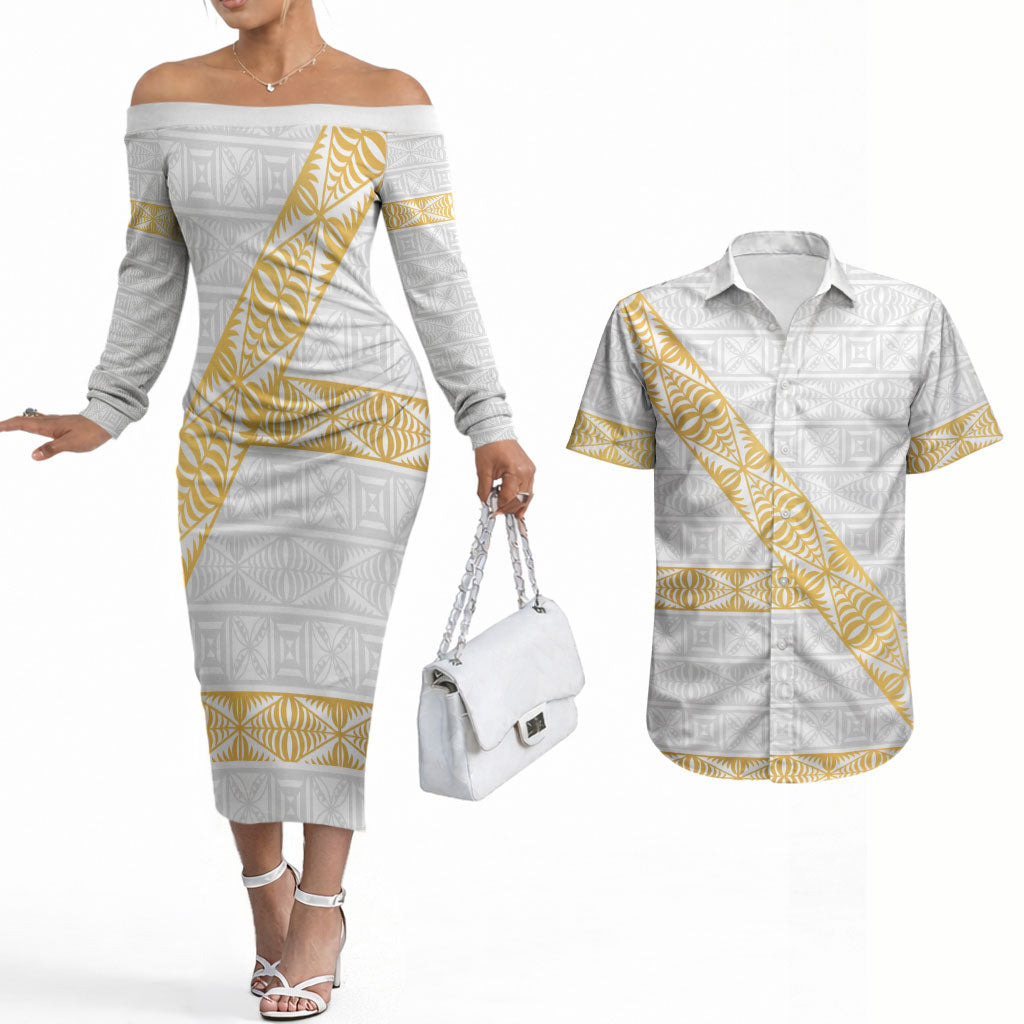 Tonga White Sunday Couples Matching Off The Shoulder Long Sleeve Dress and Hawaiian Shirt Fakame Tongan Ngatu Pattern Gold Strips LT14 White - Polynesian Pride