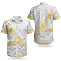 Tonga White Sunday Couples Matching Off The Shoulder Long Sleeve Dress and Hawaiian Shirt Fakame Tongan Ngatu Pattern Gold Strips