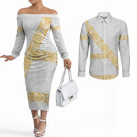 Tonga White Sunday Couples Matching Off The Shoulder Long Sleeve Dress and Long Sleeve Button Shirt Fakame Tongan Ngatu Pattern Gold Strips LT14 White - Polynesian Pride