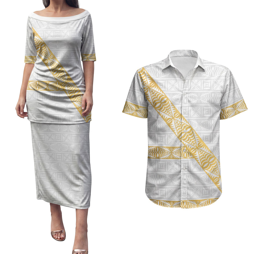 Tonga White Sunday Couples Matching Puletasi and Hawaiian Shirt Fakame Tongan Ngatu Pattern Gold Strips