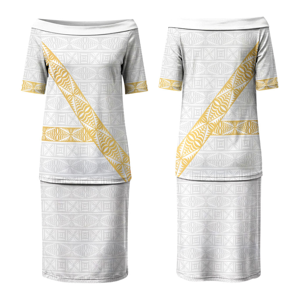Tonga White Sunday Couples Matching Puletasi and Hawaiian Shirt Fakame Tongan Ngatu Pattern Gold Strips