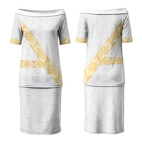 Tonga White Sunday Couples Matching Puletasi and Hawaiian Shirt Fakame Tongan Ngatu Pattern Gold Strips