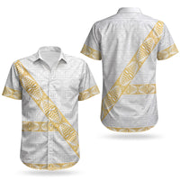 Tonga White Sunday Couples Matching Short Sleeve Bodycon Dress and Hawaiian Shirt Fakame Tongan Ngatu Pattern Gold Strips LT14 - Polynesian Pride