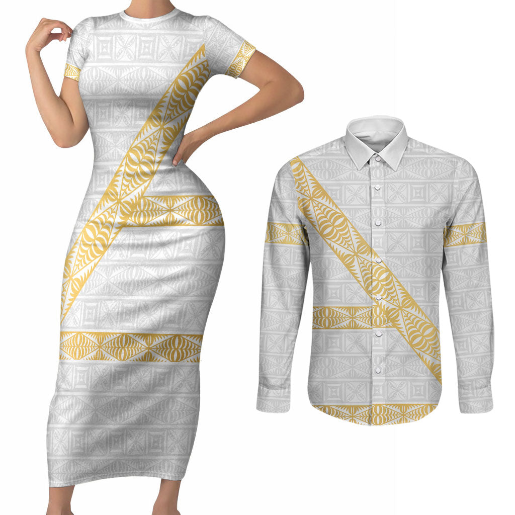 Tonga White Sunday Couples Matching Short Sleeve Bodycon Dress and Long Sleeve Button Shirt Fakame Tongan Ngatu Pattern Gold Strips