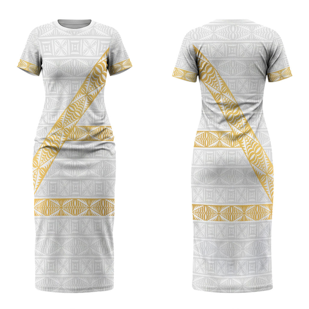 Tonga White Sunday Couples Matching Short Sleeve Bodycon Dress and Long Sleeve Button Shirt Fakame Tongan Ngatu Pattern Gold Strips
