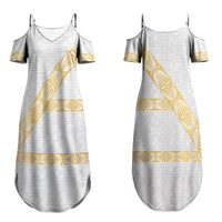 Tonga White Sunday Couples Matching Summer Maxi Dress and Long Sleeve Button Shirt Fakame Tongan Ngatu Pattern Gold Strips LT14 - Polynesian Pride