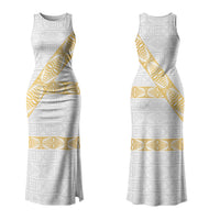Tonga White Sunday Couples Matching Tank Maxi Dress and Hawaiian Shirt Fakame Tongan Ngatu Pattern Gold Strips LT14 - Polynesian Pride