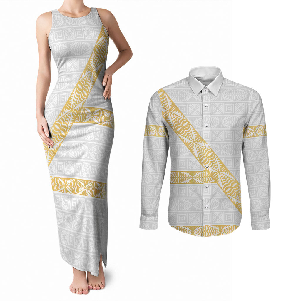Tonga White Sunday Couples Matching Tank Maxi Dress and Long Sleeve Button Shirt Fakame Tongan Ngatu Pattern Gold Strips LT14 White - Polynesian Pride
