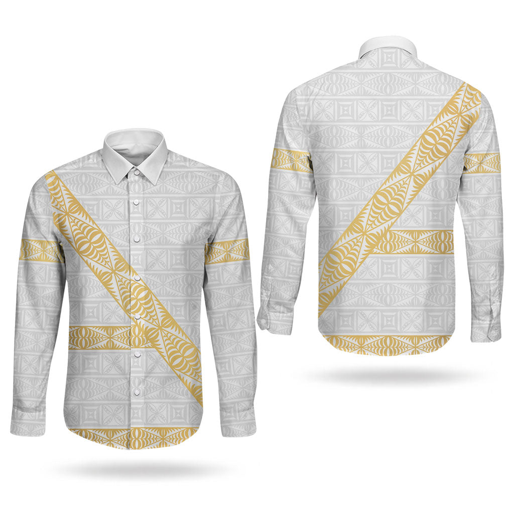 Tonga White Sunday Couples Matching Tank Maxi Dress and Long Sleeve Button Shirt Fakame Tongan Ngatu Pattern Gold Strips LT14 - Polynesian Pride