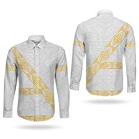 Tonga White Sunday Couples Matching Tank Maxi Dress and Long Sleeve Button Shirt Fakame Tongan Ngatu Pattern Gold Strips LT14 - Polynesian Pride