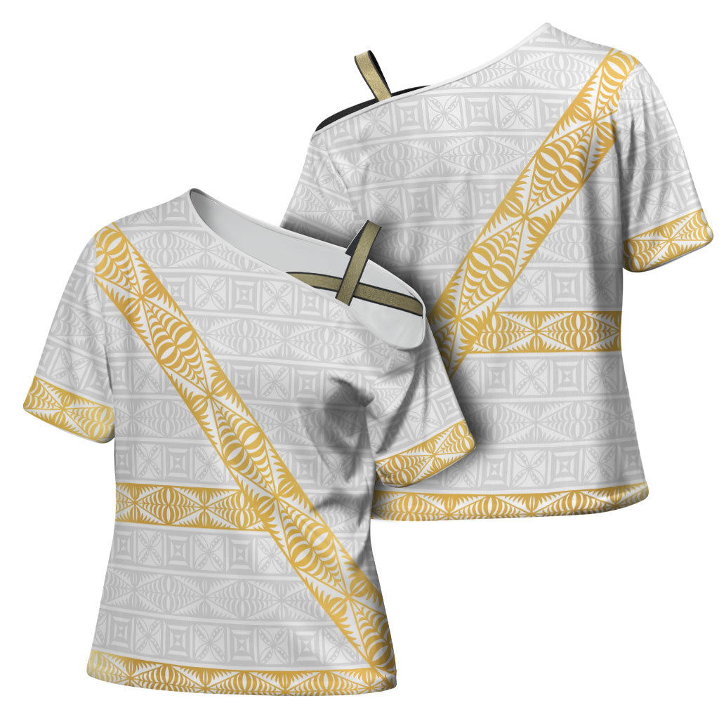 Tonga White Sunday Cross Shoulder Shirt Fakame Tongan Ngatu Pattern Gold Strips LT14 - Polynesian Pride