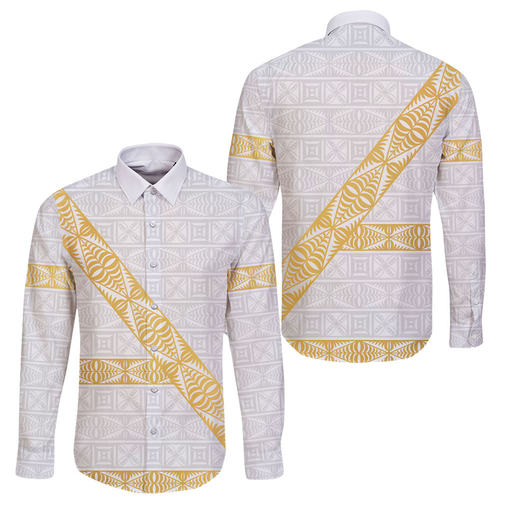 Tonga White Sunday Family Matching Long Sleeve Bodycon Dress and Hawaiian Shirt Fakame Tongan Ngatu Pattern Gold Strips LT14 Dad's Shirt - Long Sleeve White - Polynesian Pride