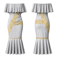 Tonga White Sunday Family Matching Mermaid Dress and Hawaiian Shirt Fakame Tongan Ngatu Pattern Gold Strips LT14 Mom's Dress White - Polynesian Pride