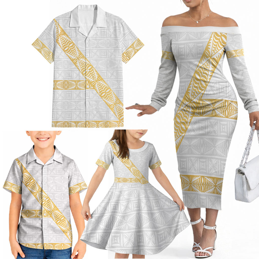Tonga White Sunday Family Matching Off The Shoulder Long Sleeve Dress and Hawaiian Shirt Fakame Tongan Ngatu Pattern Gold Strips LT14 - Polynesian Pride