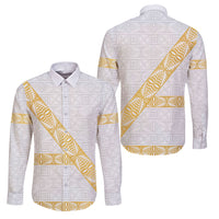 Tonga White Sunday Family Matching Off The Shoulder Long Sleeve Dress and Hawaiian Shirt Fakame Tongan Ngatu Pattern Gold Strips LT14 Dad's Shirt - Long Sleeve White - Polynesian Pride